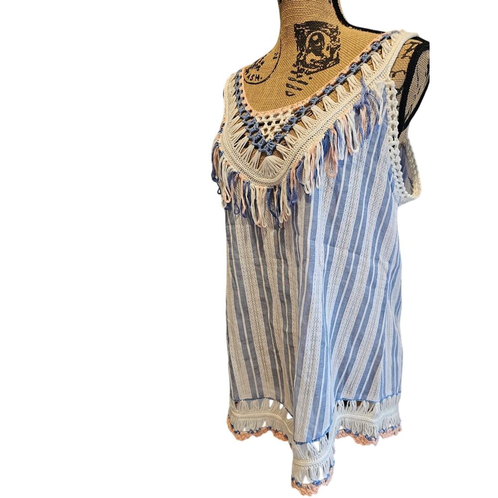 Miss Koo Paris Fringe Blouse Knit Crochet Cotton Blend Festival Boho Shirt Sz L - Picture 3 of 11